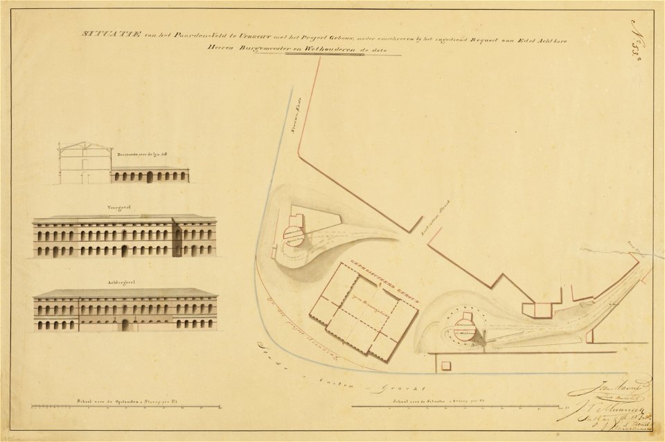 HUA-216314-Plattegrond van het Paardenveld te Utrecht met weergave van de bestaande bebouwing en het ontwerp voor een universiteitsgebouw met aanduiding van de a