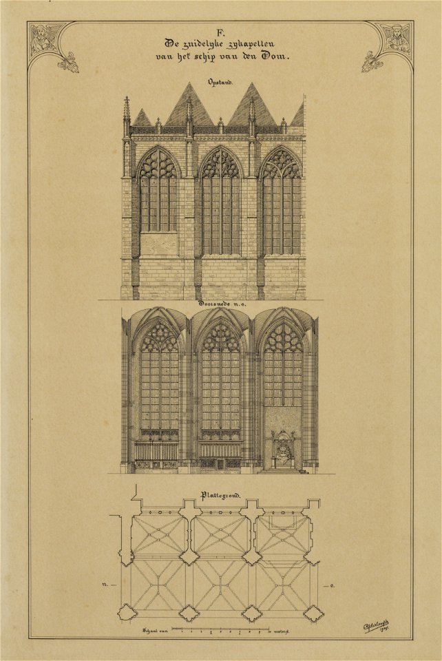 HUA-216355-Afbeeldingen van de Domkerk te Utrecht met weergave van het in 1674 ingestorte gedeelte plattegrond en opstanden van het exterieur en het interieur va