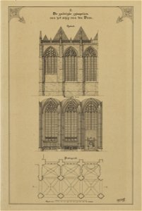 HUA-216355-Afbeeldingen van de Domkerk te Utrecht met weergave van het in 1674 ingestorte gedeelte plattegrond en opstanden van het exterieur en het interieur va