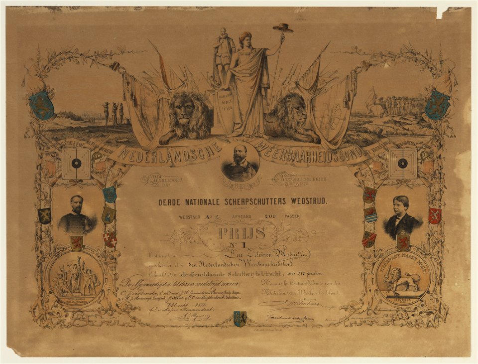 HUA-29150-Getuigschrift behorende bij de eerste prijs een zilveren medaille van de Derde Nationale Scherpschutterswedstrijd op de Wiesselse heide georganiseerd 