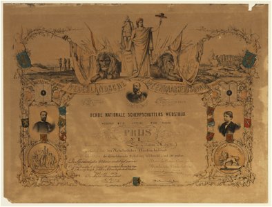 HUA-29150-Getuigschrift behorende bij de eerste prijs een zilveren medaille van de Derde Nationale Scherpschutterswedstrijd op de Wiesselse heide georganiseerd 