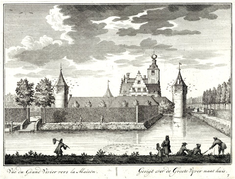 HUA-202176-Gezicht over de grote vijver aan de zuidwestzijde van de tuin van het kasteel Zuilenstein bij Amerongen op het huis en de daken van de bijgebouwen uit