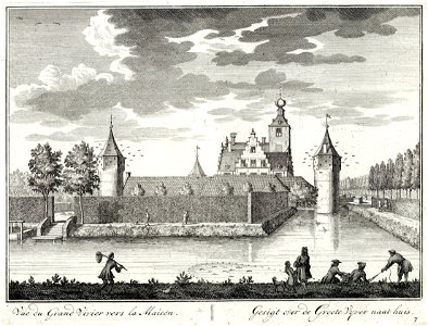 HUA-202176-Gezicht over de grote vijver aan de zuidwestzijde van de tuin van het kasteel Zuilenstein bij Amerongen op het huis en de daken van de bijgebouwen uit