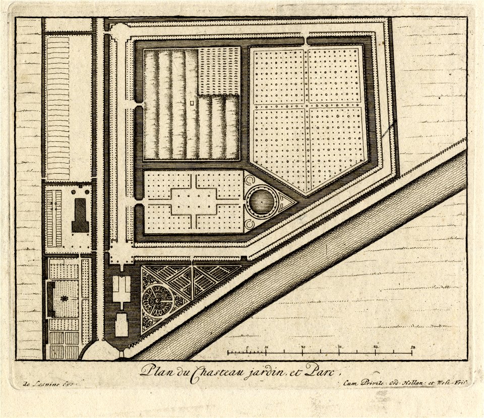 HUA-202363-Plattegrond van het terrein van de buitenplaats Gunterstein te Breukelen met linksonder het huis met het het voorplein linksmidden de boerderij en ver