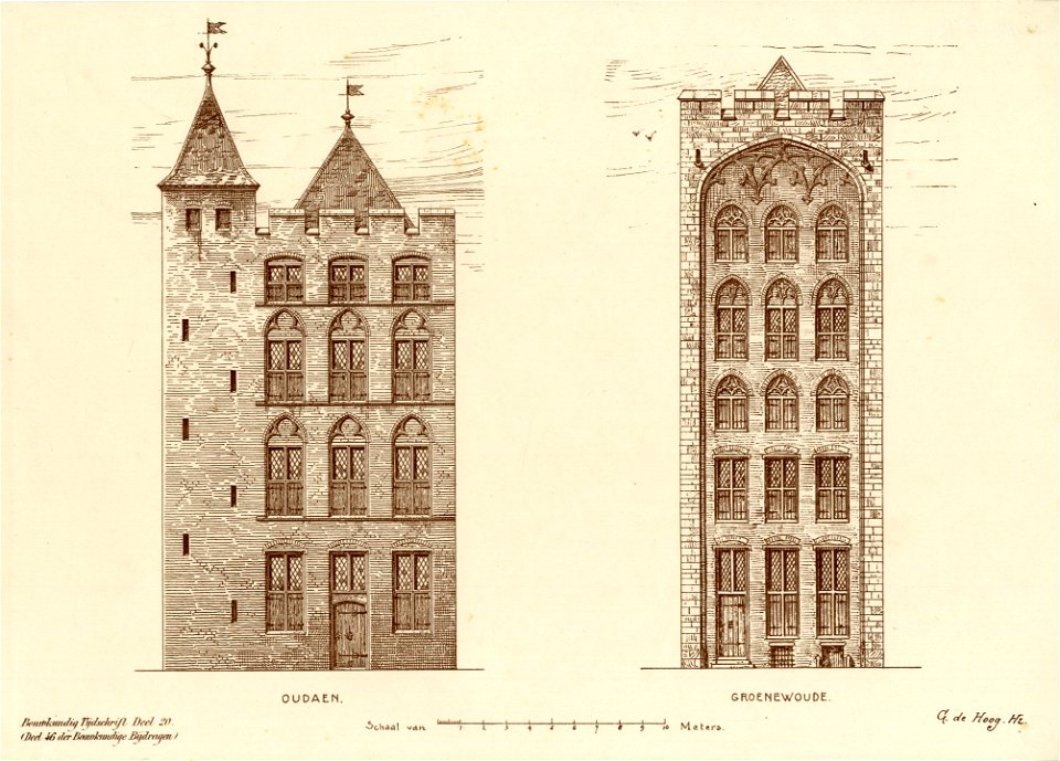 HUA-202658-Opstand van de gereconstrueerde voorgevel van het huis Oudaen Oudegracht 99 links en van het huis Groenewoude Oudegracht 151 rechts te Utrecht