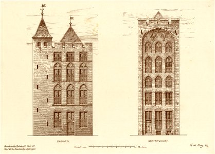 HUA-202658-Opstand van de gereconstrueerde voorgevel van het huis Oudaen Oudegracht 99 links en van het huis Groenewoude Oudegracht 151 rechts te Utrecht