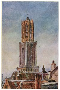 HUA-26190-Gezicht op de zuidwestzijde van de Domtoren te Utrecht vanaf een hoog standpunt mogelijk de fabriek van Begeer aan de Strosteeg met enkele daken op de