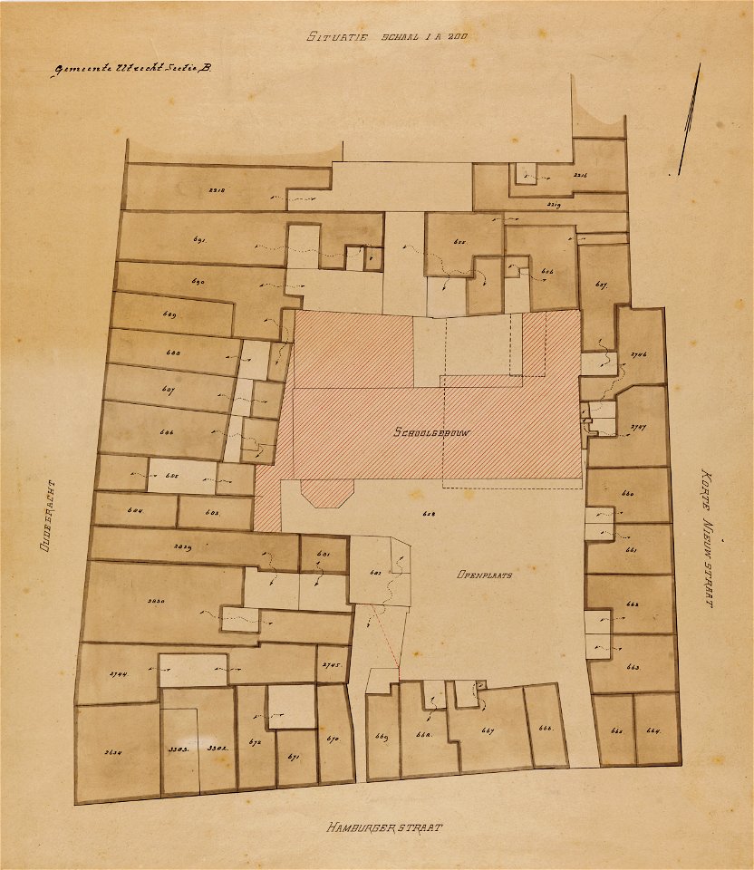 HUA-214724-Plattegrond van het bouwblok gelegen tussen de Oudegracht Hamburgerstraat Korte Nieuwstraat te Utrecht met weergave van de kadastrale percelen met num