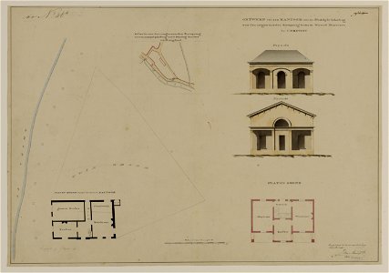 HUA-216526-Plattegrond en opstanden van de voorgevels van twee ontwerpen voor een kantoortje van de stedelijke belastingen aan de zogenaamde Driesprong buiten de