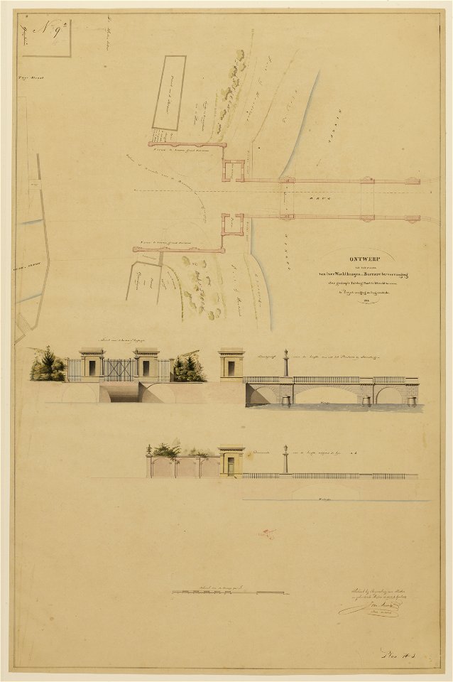 HUA-216163-Plattegronden opstanden en doorsneden van het ontwerp voor twee wachthuisjes en een brug met barrière hek en lantaarns op de plaats van de afgebroken 