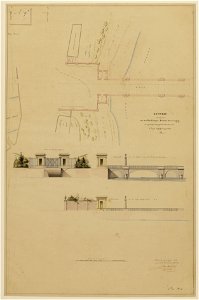 HUA-216163-Plattegronden opstanden en doorsneden van het ontwerp voor twee wachthuisjes en een brug met barrière hek en lantaarns op de plaats van de afgebroken 