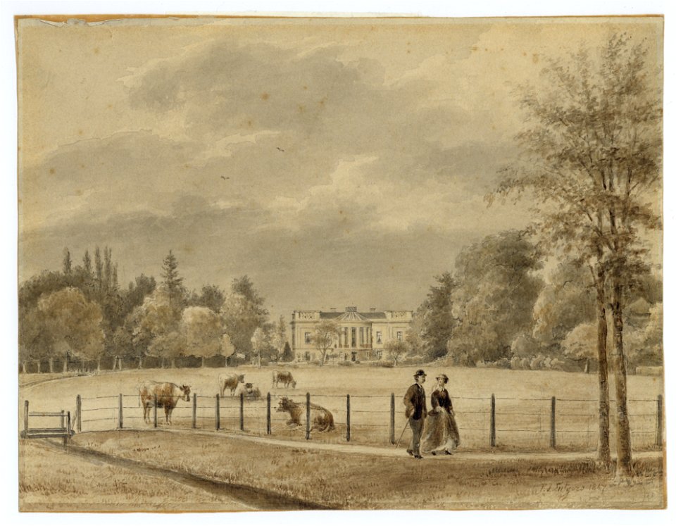 HUA-202688-Gezicht op de achterzijde van het huis Het Hogeland aan de Biltstraat te Utrecht met op de voorgrond twee wandelende personen en een paar koeien in de