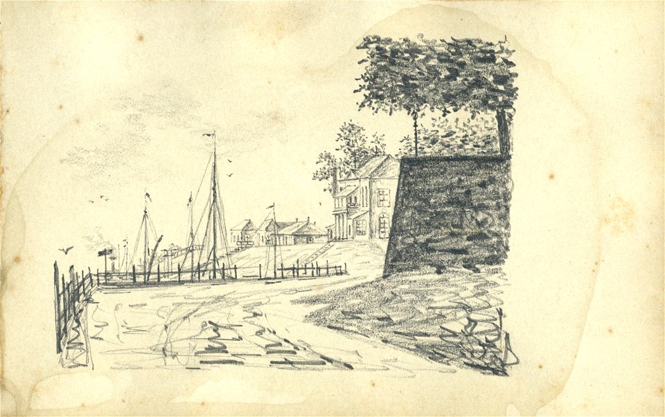 HUA-222089-Gezicht op de Waaldijk met het café Bellevue te TielNB Blad uit het Schetsboek No 5 van Th Scharten 1892 1893 Het schetsboek bevat 40 tekeningen van l