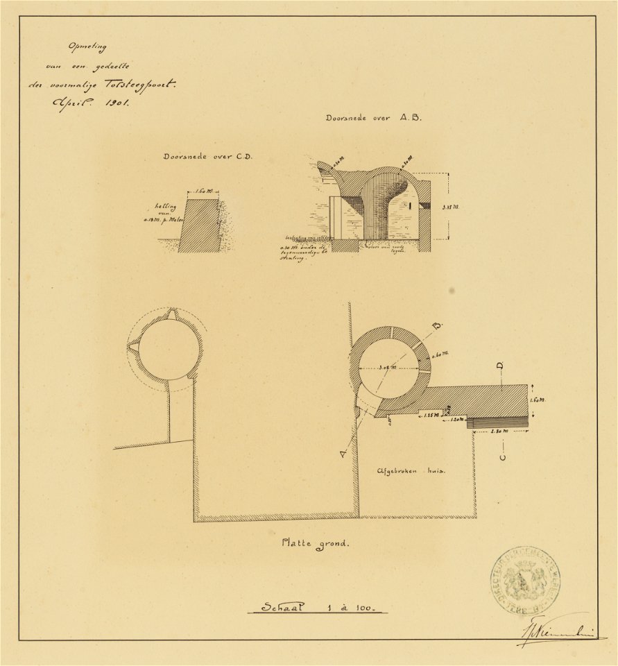 HUA-214351-Plattegrond en doorsneden van de beide torens van de oostelijke oude Tolsteegpoort te Utrecht Opmetingstekening Met annotatie van FJ Nieuwenhuis direc