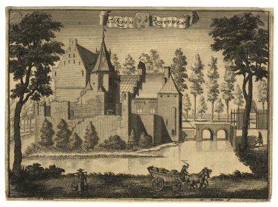 HUA-201813-Gezicht op het omgrachte kasteel Rhijnauwen te Bunnik uit het noorden met rechts de brug naar de voorburcht. Free illustration for personal and commercial use.