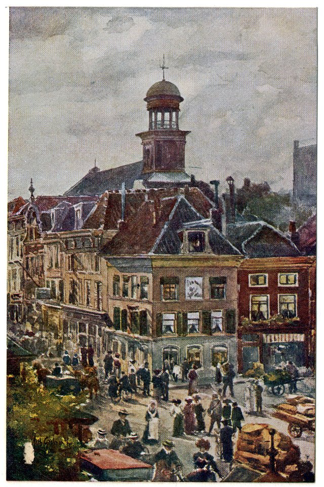 HUA-26195-Gezicht vanaf de bovenverdieping van een huis aan de Neude te Utrecht op het huizenblok op de hoek van de Potterstraat links en de Loeff Berchmakerstr