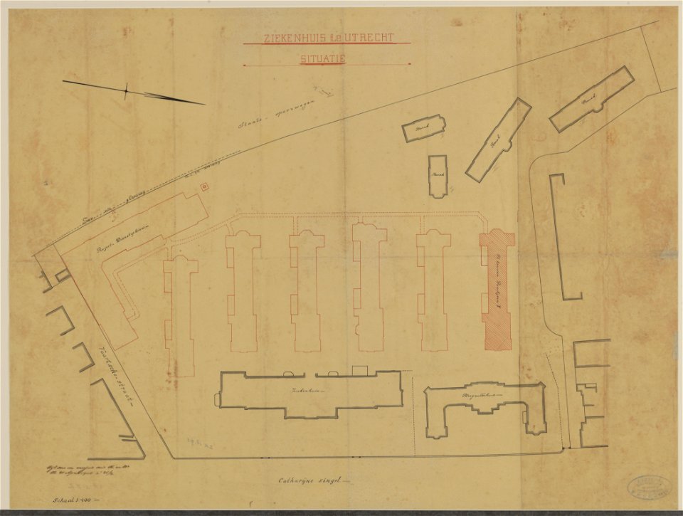 HUA-216680-Plattegrond van het terrein van het Stads en Academisch Ziekenhuis aan de Catharijnesingel te Utrecht met weergave van de bestaande en geprojecteerde 