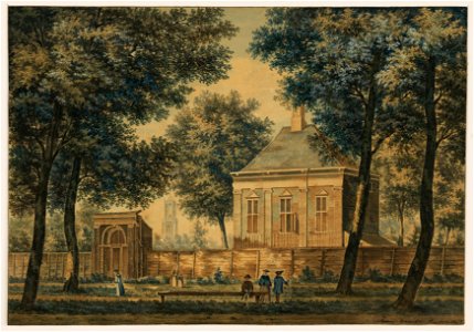 HUA-202829-Gezicht op het huis van Descartes aan de Maliebaan te Utrecht tegenwoordig adres Maliebaan 36 38 met poort en omheinde tuin en op de achtergrond de Do