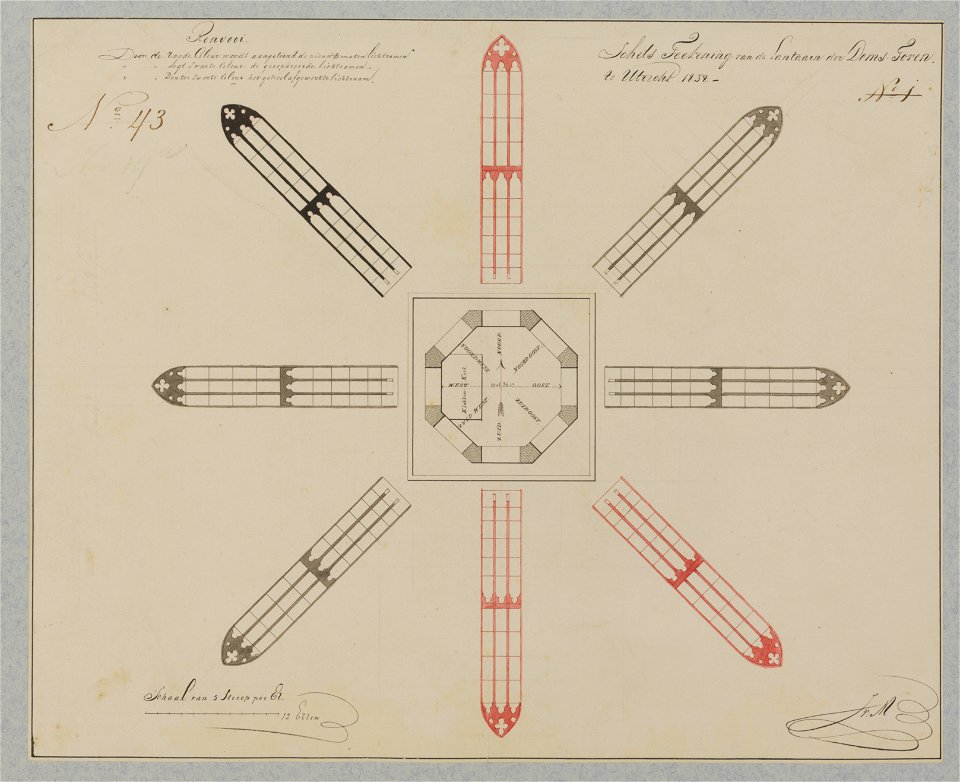 HUA-214487-Plattegrond van de lantaarn en opstanden van de vensters van de lantaarn van de Domtoren te Utrecht met aanduiding in kleur van de gerepareerde venste
