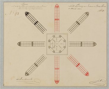 HUA-214487-Plattegrond van de lantaarn en opstanden van de vensters van de lantaarn van de Domtoren te Utrecht met aanduiding in kleur van de gerepareerde venste