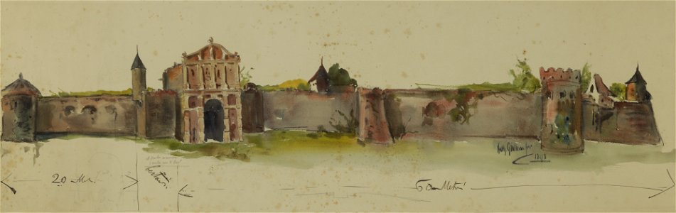 HUA-27554-Gezicht op een stadsmuur met waltorens en een stadspoort gelijkend op de voormalige Catharijnepoort te Utrecht opgericht op het Sportterrein waar de m