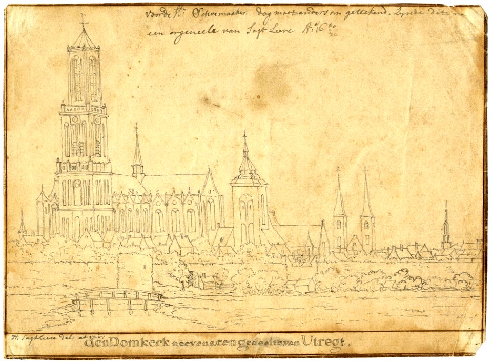 HUA-202795-Gezicht op de stad Utrecht uit het westen in spiegelbeeld met van links naar rechts de Domtoren en Domkerk de Buurkerk de beide torens van de Pietersk