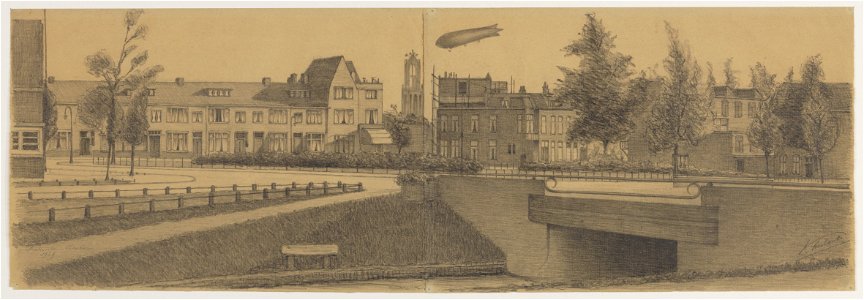 HUA-28232-Gezicht op het Willem van Noortplein te Utrecht uit het noorden met een overvliegende zeppelin rechts de Willem van Noortbrug
