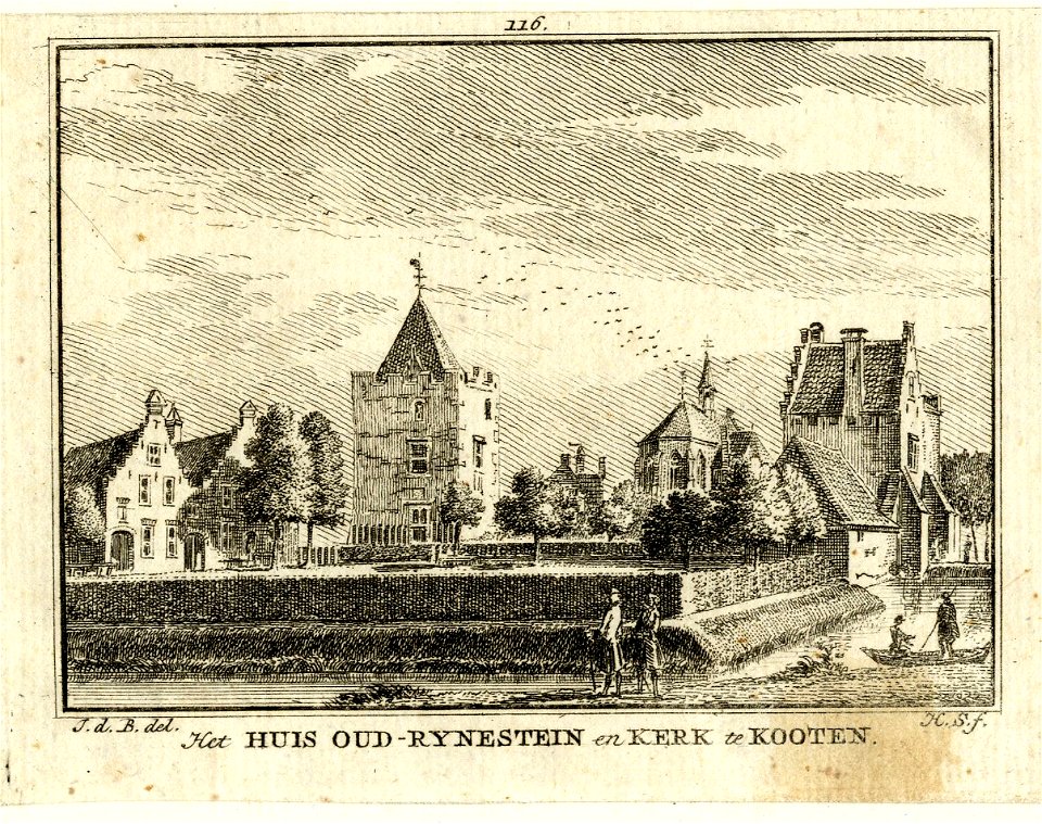 HUA-201854-Gezicht op het terrein van het kasteel Rhijnestein te Cothen met de woontoren en het poortgebouw als overblijfsels van het middeleeuwse kasteel op de 
