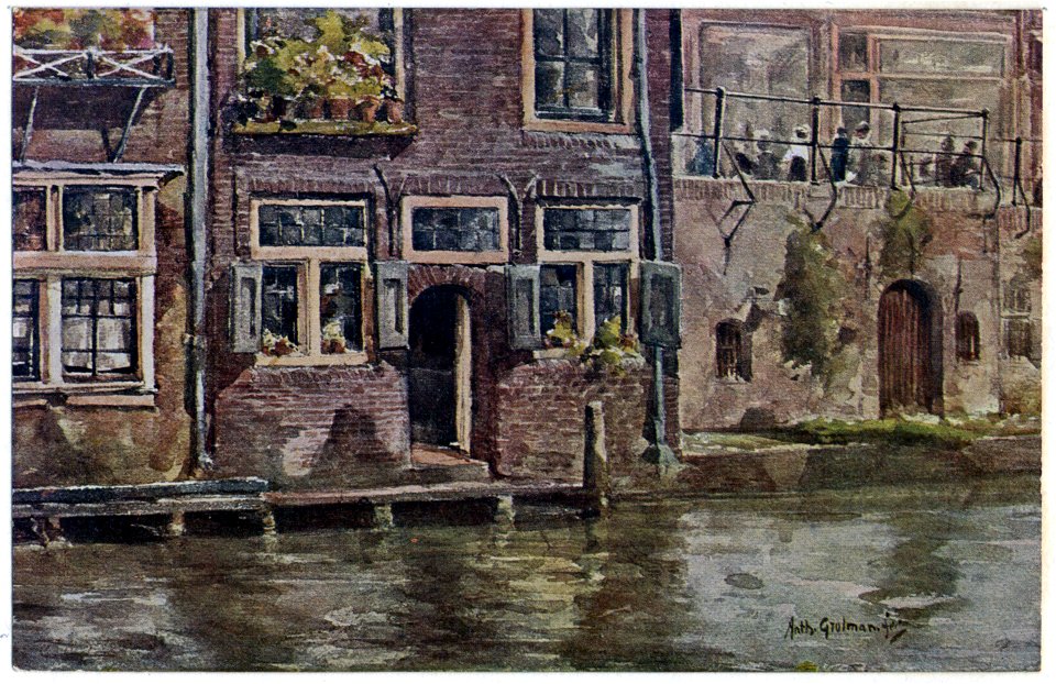 HUA-26194-Gezicht op een gedeelte van de ondergevel van twee huizen aan de Oudegracht te Utrecht mogelijk de achterzijde van twee huizen aan de Donkere Gaard me