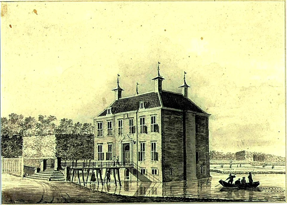 HUA-26177-Gezicht op kasteel Hardenbroek te Driebergen temidden van de slotgracht met links de brug naar de voorburcht en op de achtergrond de geschoren hagen v