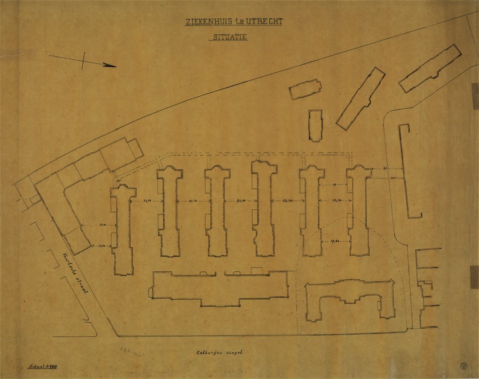 HUA-216866-Plattegrond van het bestaande gebouwencomplex en van de nieuw ontworpen gebouwen van het Algemeen Ziekenhuis Catharijnesingel 15 te Utrecht NB Het adr