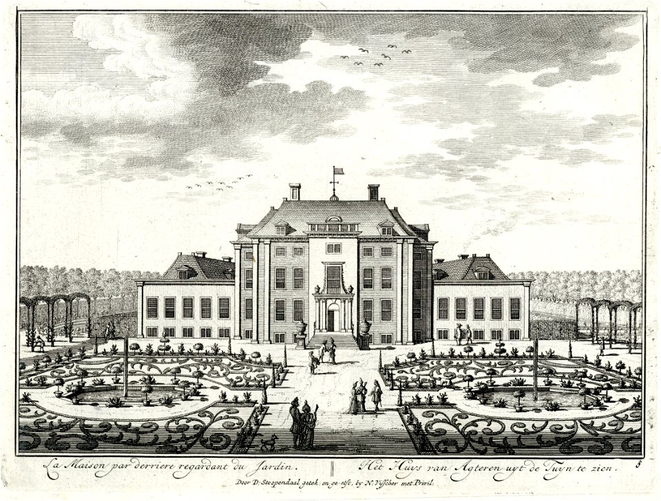 HUA-202203-Gezicht vanuit de tuin met broderieparterres op de achtergevel van het slot te Zeist l uit het zuidwesten