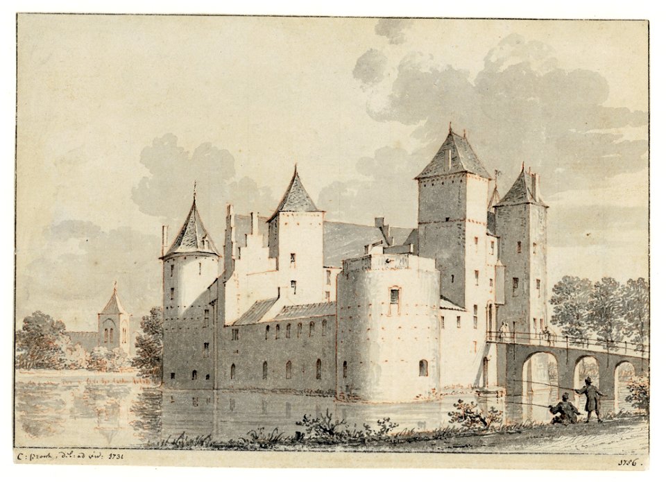 HUA-202259-Gezicht op het vervallen kasteel De Haar bij Haarzuilens uit het noordwesten met links op de achtergrond de kapelNB De gemeente Haarzuilens is per 1 j