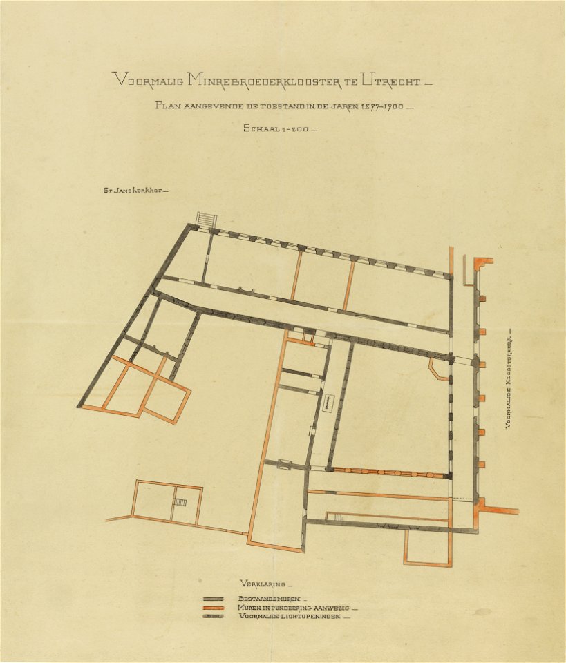 HUA-214639-Plattegrond van het kapittelhuis later Statenkamer en de kloostergang van het Minderbroedersklooster Minrebroederstraat te Utrecht met indeling van de