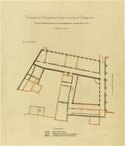 HUA-214639-Plattegrond van het kapittelhuis later Statenkamer en de kloostergang van het Minderbroedersklooster Minrebroederstraat te Utrecht met indeling van de