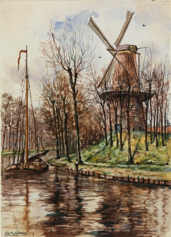 HUA-220476-Gezicht op de molen Rijn en Zon op het Paardenveld te Utrecht met op de voorgrond de Stadsbuitengracht met een schip