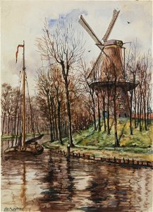 HUA-220476-Gezicht op de molen Rijn en Zon op het Paardenveld te Utrecht met op de voorgrond de Stadsbuitengracht met een schip