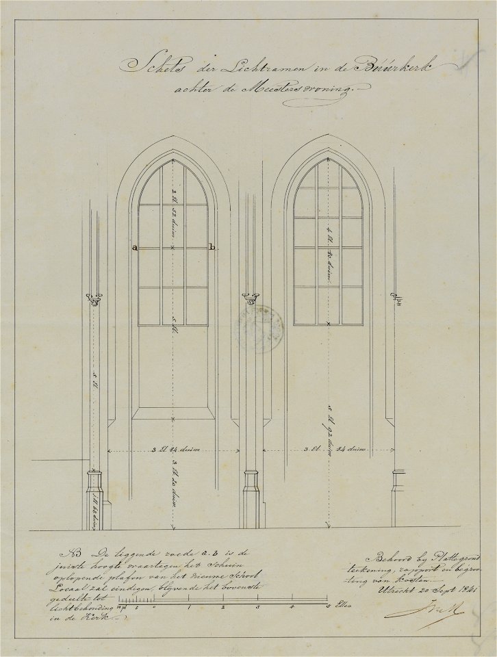 HUA-214560-Interieur van de Buurkerk te Utrecht opstand van twee traveeën met vensters met aanduiding van de aansluiting van het dak van het ontwerp voor een nie