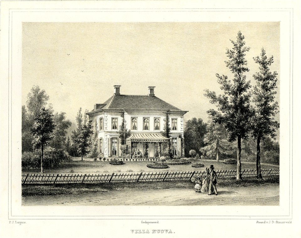 HUA-202056-Gezicht op de zij en de voorgevel van het huis Villa Nuova te Zeist met een gedeelte van de tuin