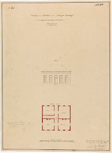 HUA-214697-Plattegrond en opstand van de voorgevel van het ontwerp voor een kantoor voor stedelijke belasting bij de Weerdbarrière te UtrechtNB Ingediend bij de 