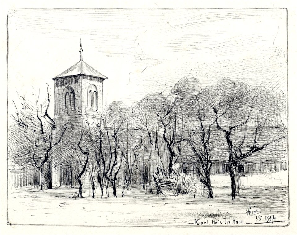 HUA-202298-Gezicht op de kapel van het kasteel De Haar te Haarzuilens met twee aangrenzende gebouwenNB De gemeente Haarzuilens is per 1 januari 1954 opgenomen in