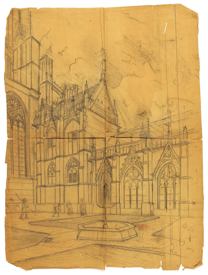 HUA-28363-Gezicht vanuit de kruisgang van de Domkerk te Utrecht op drie traveeën van de oostelijke arm van de kruisgang en de archiefkamer en enige steunberen v