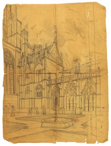HUA-28363-Gezicht vanuit de kruisgang van de Domkerk te Utrecht op drie traveeën van de oostelijke arm van de kruisgang en de archiefkamer en enige steunberen v