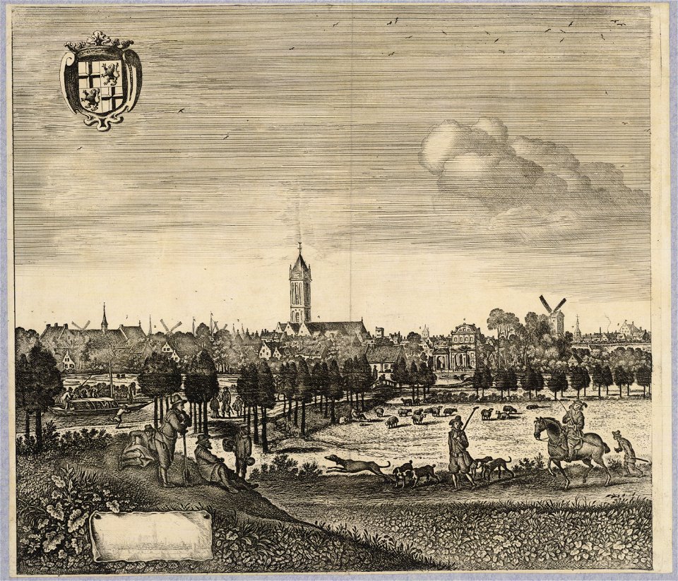HUA-28386-Profiel van de stad Utrecht uit het westen gezien het gedeelte met de Jacobikerk en de Catharijnepoort Met de volgende gebouwen 1 St Jobsgasthuis 2 St