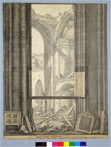 HUA-28634-Gezicht op de ruïne van het schip van de Domkerk te Utrecht uit het oosten de grafkapel Taets van Amerongen en de kapel Van der Vecht in de noordelijk