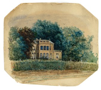HUA-202290-Gezicht op de voorgevel van het huis Rusthoek Zandvoortweg te Baarn omringd door hoge bomenNB De straatnaam Zandvoortweg is per 1 juli 1964 gewijzigd 