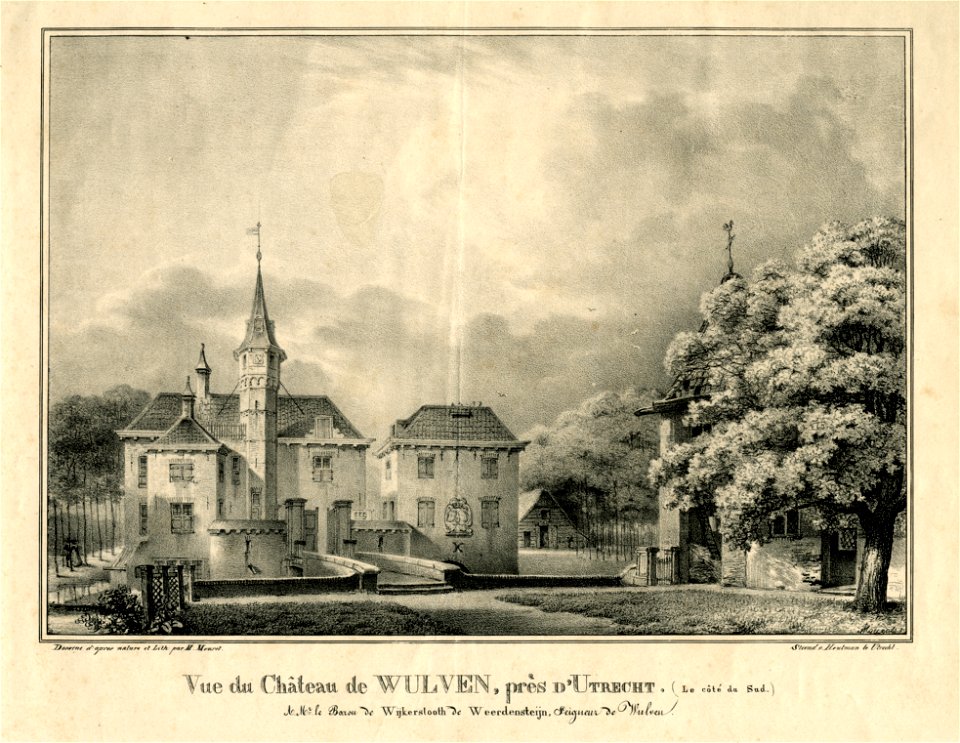 HUA-206382-Gezicht vanaf de voorburcht op het omgrachte kasteel Wulven te Houten met rechts gedeeltelijk zichtbaar het poortgbouw