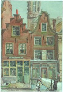 HUA-30138-Gezicht op de voorgevels van de huizen Ganzenmarkt 9 11 te Utrecht met op de achtergrond een gedeelte van het stadhuis en de Domtoren