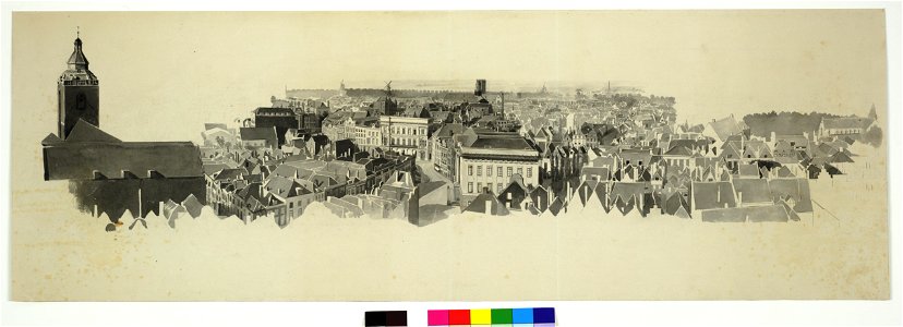 HUA-28406-Panorama van Utrecht gezien vanaf de Domtoren naar het noordwesten met links de Buurkerk in het midden de Oudegracht met de Winkel van Sinkel en het S