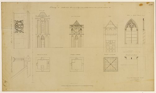 HUA-216474-Opstanden van de bestaande en het ontwerp voor een nieuwe zuidgevel van de te verlagen toren van de Jacobikerk te Utrecht met een doorsnede plattegron